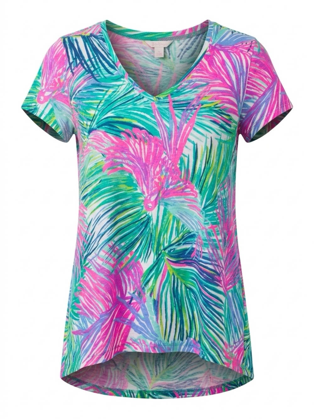Vibrant Tropical Print V-Neck Tee - Pink & Green XS